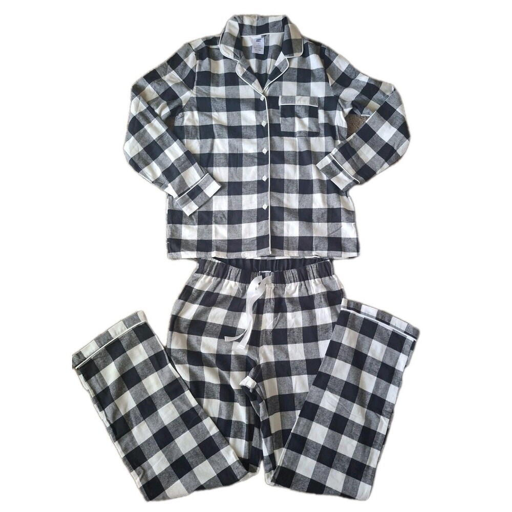 Lands' End Ladies' Cotton Pajama Set Small Buffalo Plaid Black White Long Sleeve